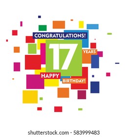 flat colorful abstract square 17 years birthday. vector design fro kids, family, shop, business, and various event
