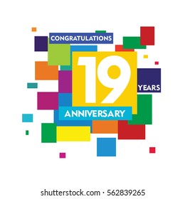 flat colorful abstract square 19 years anniversary. vector design fro kids, family, shop, business, and various event