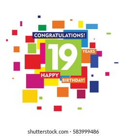 flat colorful abstract square 19 years birthday. vector design fro kids, family, shop, business, and various event