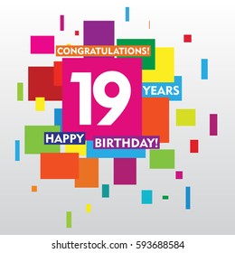 flat colorful abstract square 19 years anniversary. vector design for kids, family, shop, business, and various event