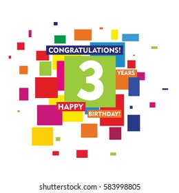 flat colorful abstract square 3 years birthday. vector design fro kids, family, shop, business, and various event