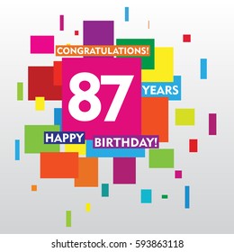 flat colorful abstract square 87 years anniversary. vector design for kids, family, shop, business, and various event
