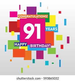 flat colorful abstract square 91 years anniversary. vector design for kids, family, shop, business, and various event