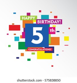 flat colorful abstract square happy Birthday and congratulations 5th vector design fro kids, family, shop, business, and various event