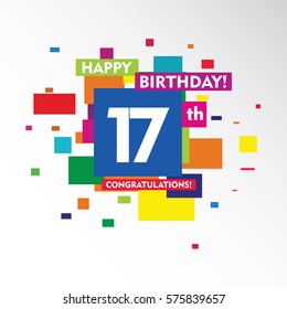 flat colorful abstract square happy Birthday and congratulations 17th vector design fro kids, family, shop, business, and various event
