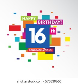 flat colorful abstract square happy Birthday and congratulations 16th vector design fro kids, family, shop, business, and various event
