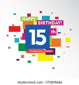 flat colorful abstract square happy Birthday and congratulations 15th vector design fro kids, family, shop, business, and various event