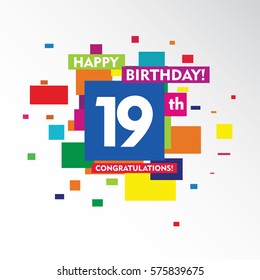 flat colorful abstract square happy Birthday and congratulations 19th vector design fro kids, family, shop, business, and various event