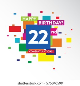 flat colorful abstract square happy Birthday and congratulations 22nd vector design fro kids, family, shop, business, and various event