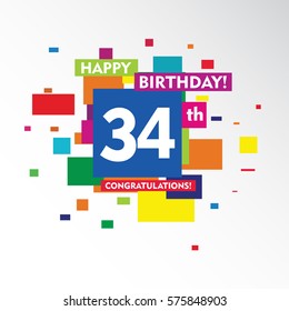 flat colorful abstract square happy Birthday and congratulations 34th vector design fro kids, family, shop, business, and various event