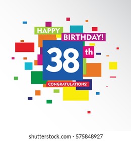 flat colorful abstract square happy Birthday and congratulations 38th vector design fro kids, family, shop, business, and various event
