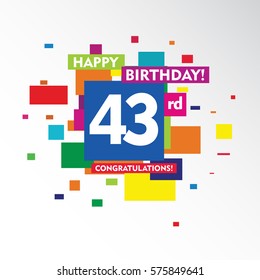 flat colorful abstract square happy Birthday and congratulations 43rd vector design fro kids, family, shop, business, and various event