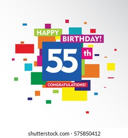 flat colorful abstract square happy Birthday and congratulations 55th vector design fro kids, family, shop, business, and various event