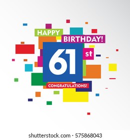 flat colorful abstract square happy Birthday and congratulations 61st vector design fro kids, family, shop, business, and various event