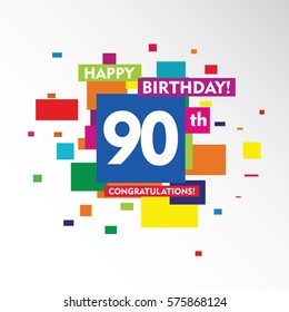 flat colorful abstract square happy Birthday and congratulations 90th vector design fro kids, family, shop, business, and various event