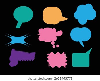 Burbujas de discurso en blanco colorido plano en la ilustración de fondo negro
