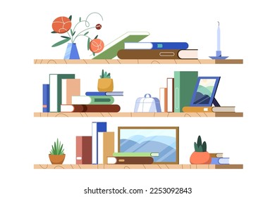 Flat colorful books, plants and picture frames stand on bookshelf. School bookcase or shelf hanging on wall in library or home with lying in pile textbooks. Paperbacks on bookshelves.