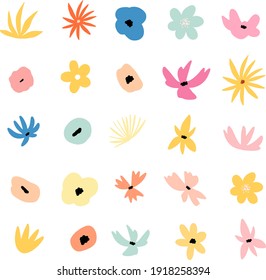 Flat colorful botanical vector illustration. Collection of wild blooming meadow flowers isolated on white background. Bundle of wildflowers used in floristry. Set of decorative floral design elements.