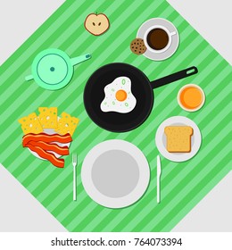 Flat colorful breakfast concept with apple omelette coffee cookie bacon cheese toast honey cutlery teapot isolated vector illustration