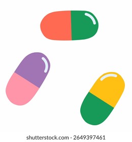Flat colorful capsules and pills in red, green, yellow, and purple. Great for health, pharmacy, biology, or educational posters about medicine and science.