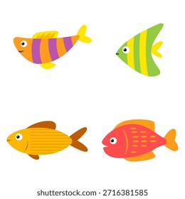 Dibujos animados de colores planos Diferentes tipos de peces Conjunto de animales submarinos