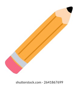 A flat, colorful cartoon-style yellow pencil icon with pink eraser and graphite tip. Ideal for school, education, and stationery designs.