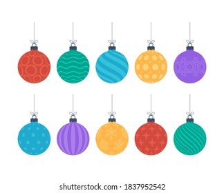 Flat colorful christmas ornate tree toys or balls hang on a thread isolated on white background, vector illustration. Collection of design elements for greeting cards, New Year banners.