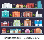 Flat colorful  city buildings set. Icon background concept design. Architecture construction: courthouse, home, museum, skyscraper, hospital, hotel, opera, theater. Vector urban landscape