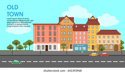 Flat colorful cityscape poster with municipal and living buildings trees and moving cars vector illustration