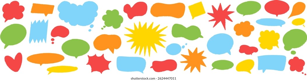 Flat colorful comic-style speech and thought bubbles collection. Great for stickers, kids design, pop art compositions, or playful social media graphics on transparent background. Vector EPS 10