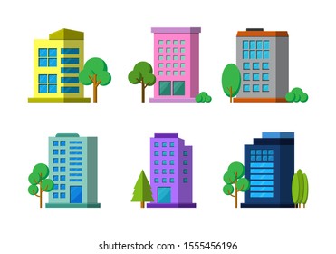 Flat colorful company building and tree on white background, Modern architecture construction vector set, colection city and town design