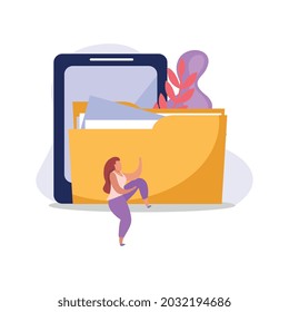 Flat colorful computer user icon with tablet folder and female character vector illustration