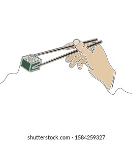 Flat colorful continuous drawing line art Hand holding chopstick with sushi rolls icon vector illustration concept