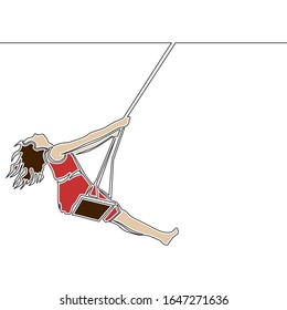 Flat colorful continuous drawing line art female character sitting on a swing icon vector illustration concept