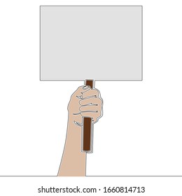 Flat colorful continuous drawing line art hand holding blank protest board icon vector illustration concept
