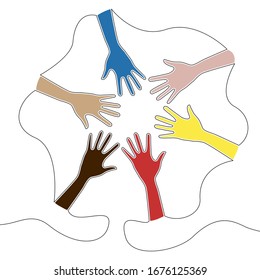 Flat colorful continuous drawing line art Human hands making circle unification friendship protection Connecting icon vector illustration concept