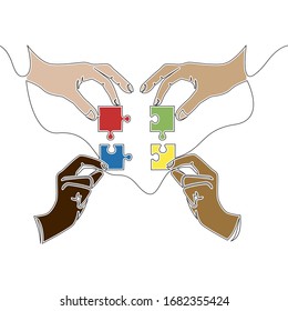 Línea de dibujo continua de color plano arte Cuatro manos que unen piezas de rompecabezas Concepto de ilustración vectorial icono de trabajo en equipo