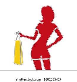 Flat colorful continuous drawing line art Woman holding shopping bag icon vector illustration concept