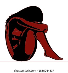 Flat colorful continuous drawing line art Sad and depressed girl Unhappy and stressed icon vector illustration concept