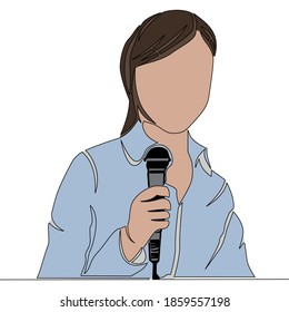 Flat colorful continuous drawing line art Journalist Woman with microphone reporter correspondent icon vector illustration concept