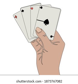 Flat colorful continuous drawing line art hand holding playing card icon vector illustration concept