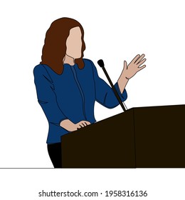 Flat colorful continuous drawing line art Conference businesswoman trainer talking icon vector illustration concept