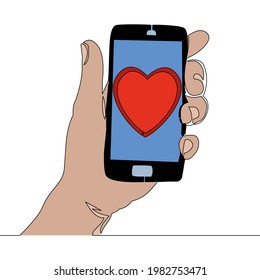 Flat colorful continuous drawing line art Heart on smartphone screen icon vector illustration concept
