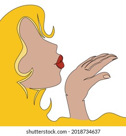 Flat colorful continuous drawing line art Silhouette girl blowing kiss icon vector illustration concept