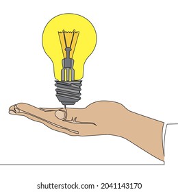 Flat colorful continuous drawing line art Hand holding light bulb Business idea icon vector illustration concept