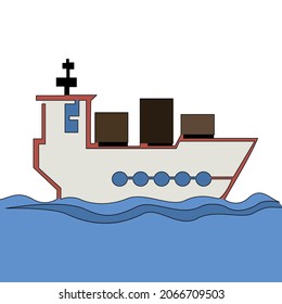 Flat colorful continuous drawing line art tanker cargo ship with containers icon vector illustration concept