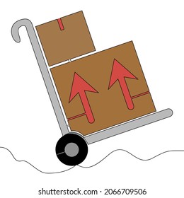Flat colorful continuous drawing line art warehouse trolley delivery handcart Truck with boxes icon vector illustration concept