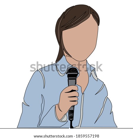 Flat colorful continuous drawing line art Journalist Woman with microphone reporter correspondent icon vector illustration concept