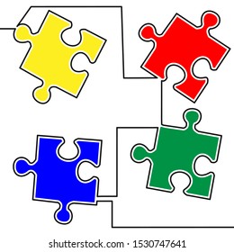 Flat colorful continuous line art drawing Puzzle jigsaw icon vector illustration concept