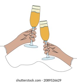 Dibujo de línea continua de color plano Cheers, dos vasos de champán en manos concepto de ilustración vectorial de icono